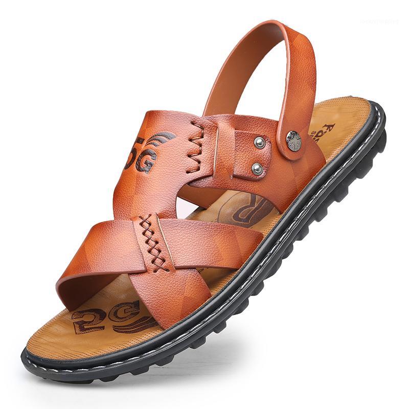 

2020 Summer New Mens Sandals Beach Leather Men Sandals Summer Breathable Non-slide For Men Two Uses Men's1, Brown