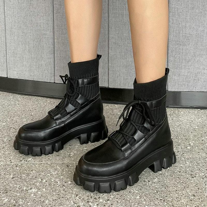 

2021 winter knitted stretch fabric ankle boots lace-up womens sports boots platform for woman wedges heels size 461, Black