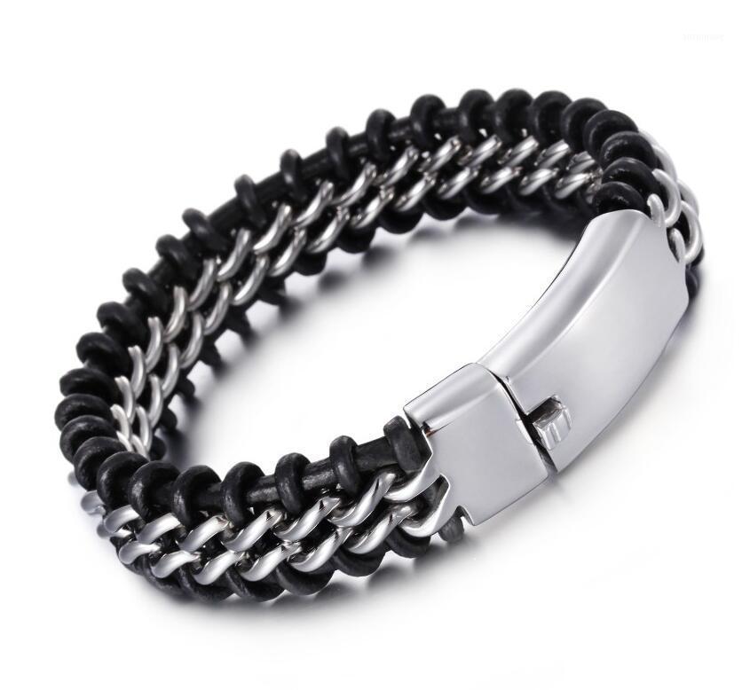 

18mm Mens black leather stainless steel hiphop bracelet gold silver color jewelry birthday gifts for dad him boyfriend 8.66"1
