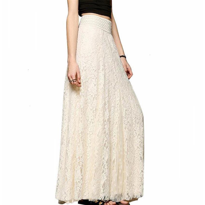 

2021 New Plus Size High Waist White Black Solid Color Sexy Lace Long Skirts Women Faldas Saia Ladies Jupe Maxi Skirt G8i4