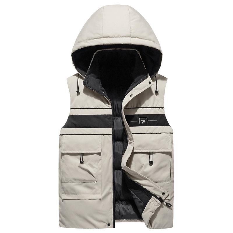 

Vest Men Autumn Winter Fashion New Men's Casual Warm Down Vest Man's Collar Zipper Waistcoat Patchwork Jacket Plus Size Male, Beige