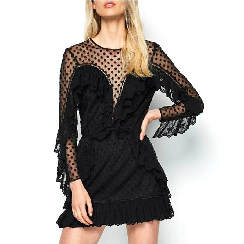 

New Sexy Women Prospective Mini Lace Ruffles Malha Holiday Dressed in Lady Plissado Long Party Dress High End Petal Tqqz, Black