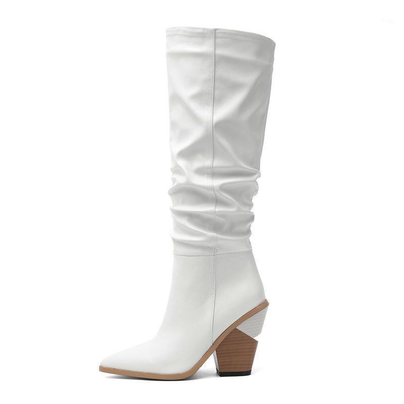 

2020 Fashion women boots thick high heels knee high boots pointed toe black khaki white quality knee1
