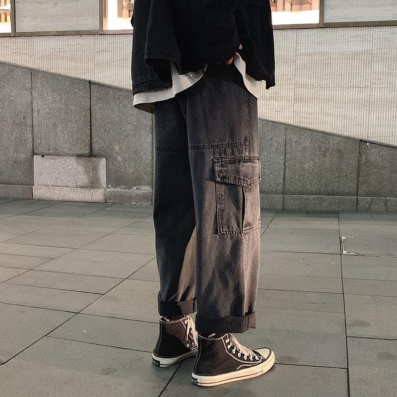 

Men's jeans 2020 autumn and winter new handsome retro loose straight overalls young people personality fashion trend clothing, Black