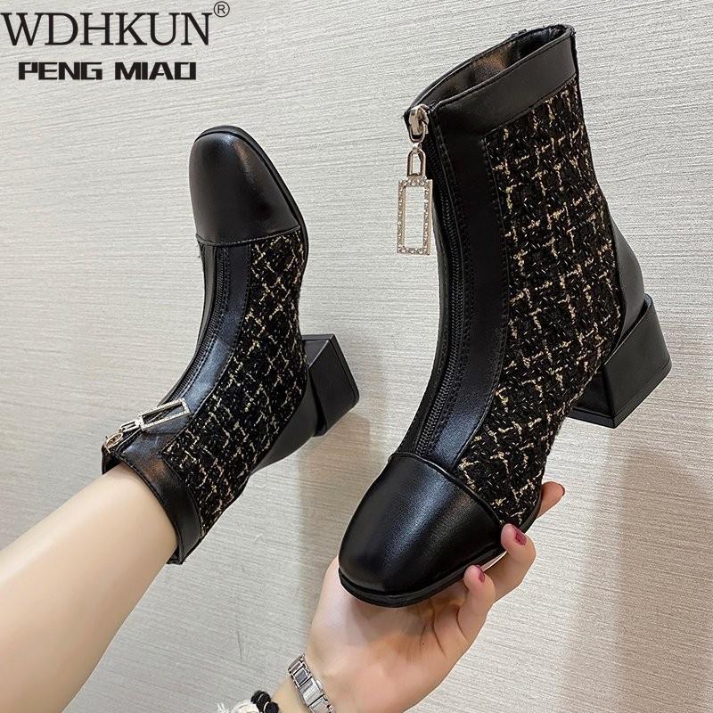

2020 Winter Designer Women Beige Black 7cm Thick High Heels Ankle Boots Checkered Square Toe Gladiator Boots Lace Up Shoes1