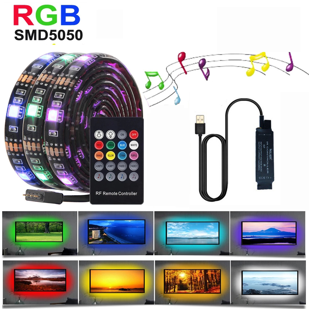 

USB LED Strip Light Music Control RGB Flexible Tape String Lamp with for Controller for TV Desktop Complete set of light belt