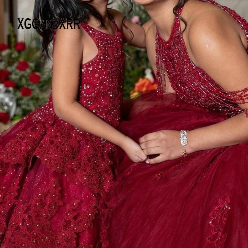 

Sparkling Burgundy Flower Girl Dress 2020 Ball Gown Little Quinceanera Long Formal Girls Pageant Dress, Black