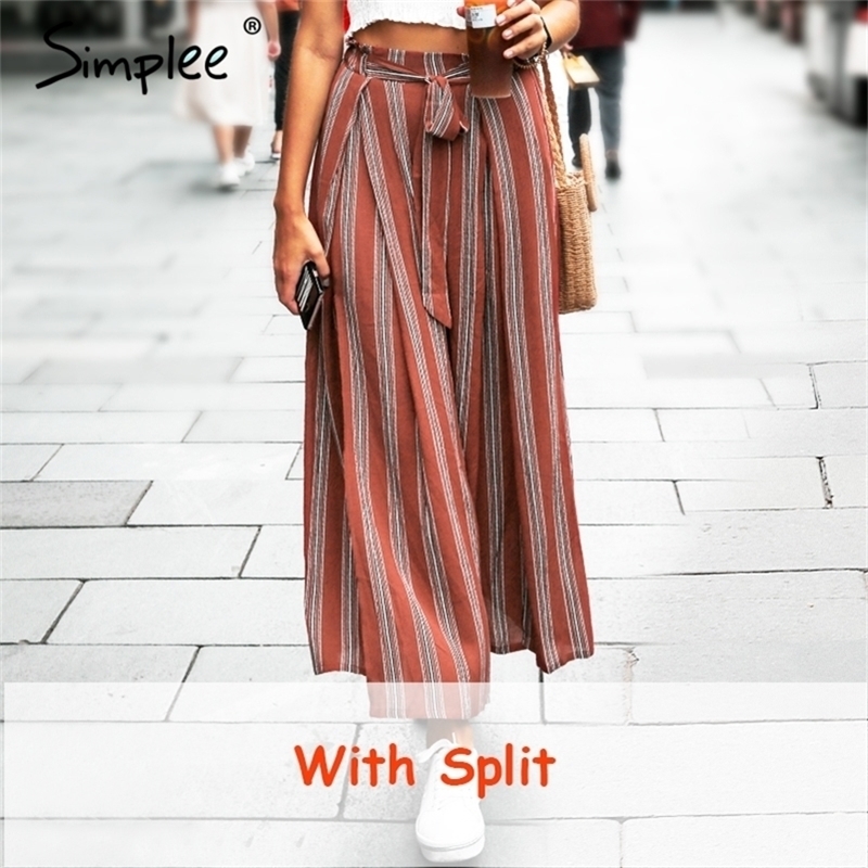 

Simplee Split striped lady wide leg pants women Summer beach high waist trousers Chic streetwear sash casual pants capris female 201118, Stripe4(no split)