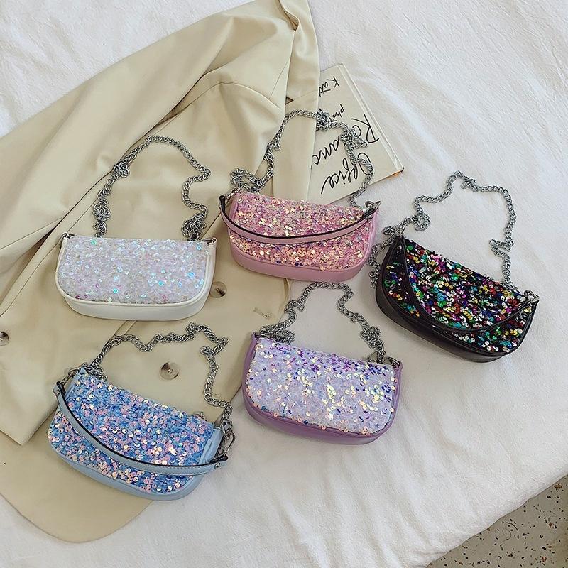 

New Female Sequins Portable Armpit Bag Fashion Small Fresh Chain Shoulder Messenger Bag, Black