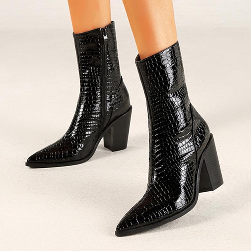 

SAGACE Boots Western Cowboy Boots Women Animal Crocodile Pattern PU Leather High Heels Cowgirl Booties Ankle botas Shoes O241, Black