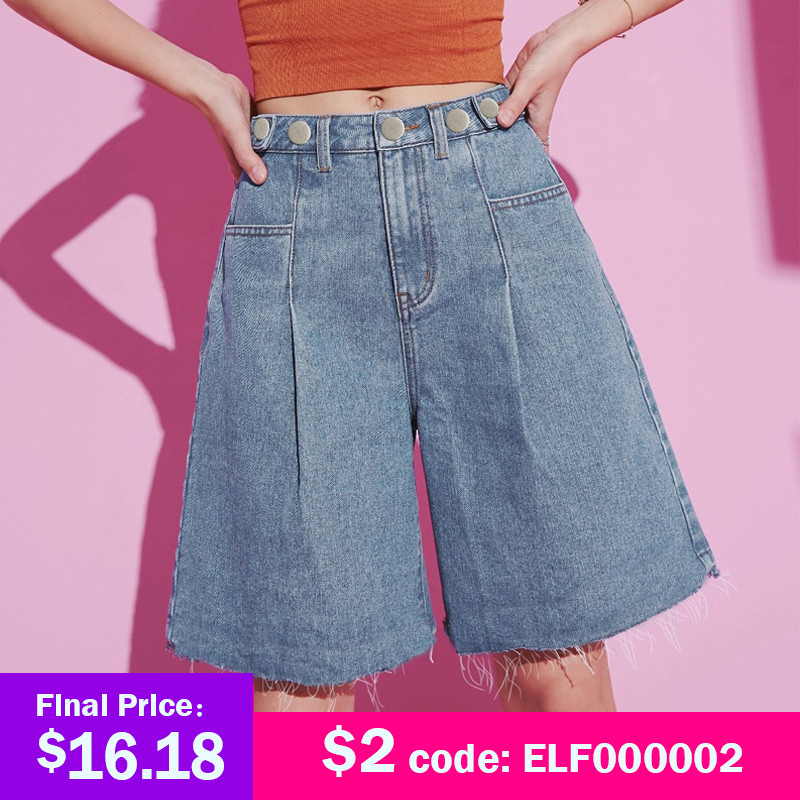 

ELFSACK Blue Solid High Waist Wide Leg Women Denim Shorts 2020 Summer ELF White Pure Korean Ladies Daily Bemuda Bottoms T200701