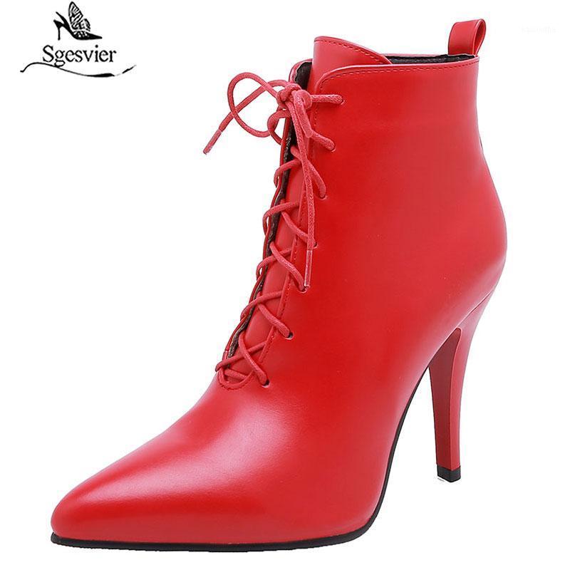 

Sgesvier Pointed Toe Lace Up Boots Fashion White Red Sexy Ankle Boots Women Solid Party Women High Heels Winter Elegant1, Black