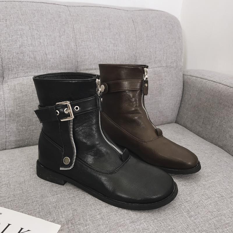 

New Winter Women's Ankle Boots Round Toe Low Heels Buckle Belt Shoes Black Brown Plush Lining L4