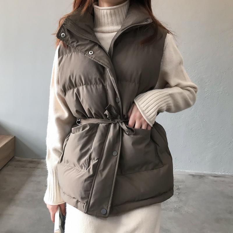 

2020 Winter New Stand Collar Sleeveless Down Cotton Vest Coat Women Waist Strap Thickened Cotton Vest Windproof Warm Waistcoat, Beige