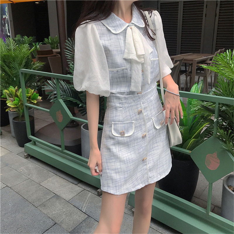 

2021 New Elegant Mode 2 Piece Chess Dress Together Ladies Bowknot Puff Mini Defines Sweet Girl Two Sets Skirt Garments LZXB, Blue