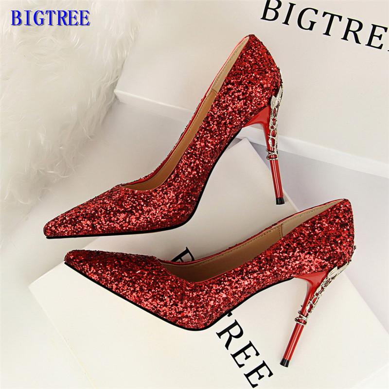 

2020 New Elegant Metal Carved Heel Shallow Women Pumps Sequined Cloth Pointed Toe High Heels Shoes Fashion Women's Wedding Shoes, Black