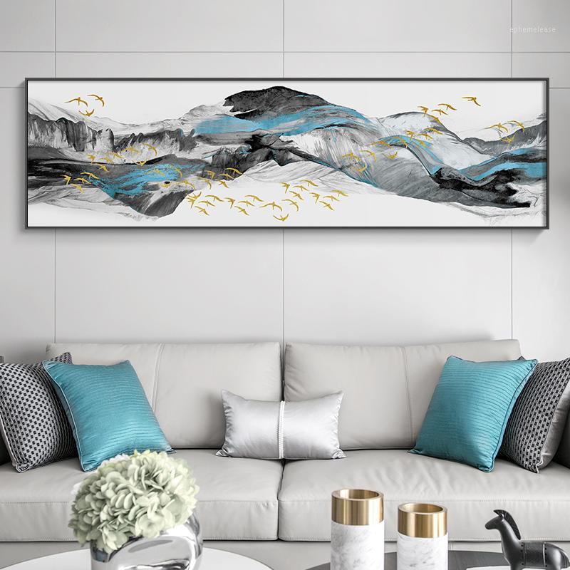 

New chinese golden blue banner style Mountains Canvas painting Bedside poster n prints Wall Art Posters For Living Room Bedroom1
