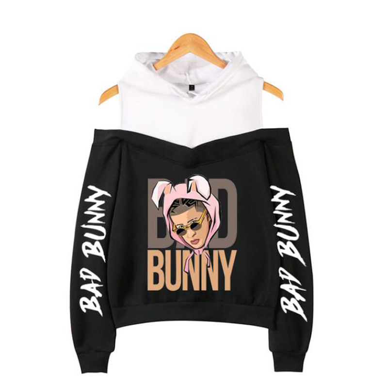 

Rapper Bad Bunny Women Hoodies Sweatshirts Streetwear Hip Hop Long Sleeve Sexy Off Shoulder Fleece Hooded Jacket Sudadera Mujer, 015