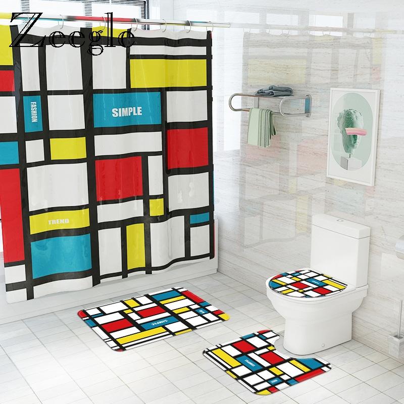 

Plaid Bath Mat Set Washable Bathroom Carpet Rug Home Decor Shower Curtain Anti-slip Bathroom Floor Carpet Set