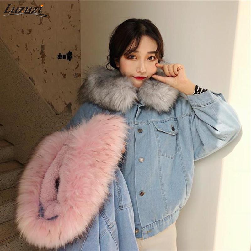 

Luzuzi With Fur Trim Hood Cotton Liner Long Denim Jackets Women Winter Hardy Warm Denim Coats Jackets Plus Size Loose Outwear, Blue