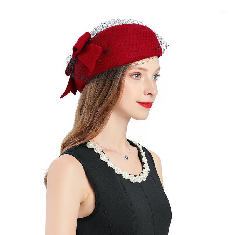 

Fashion Fascinators Hat For Women Elegant Fedoras Cap Red Hat Wool Bow-knot Mesh Headpiece Lady Wedding Party Women's1