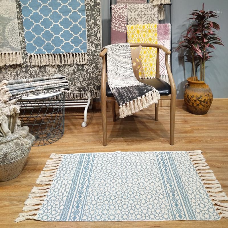 

100% Cotton Handmade Cloth Area Rug Lattice Flower Print Washable Non-slip Durable Carpet for Living Room Decorator Rug1, White and blue