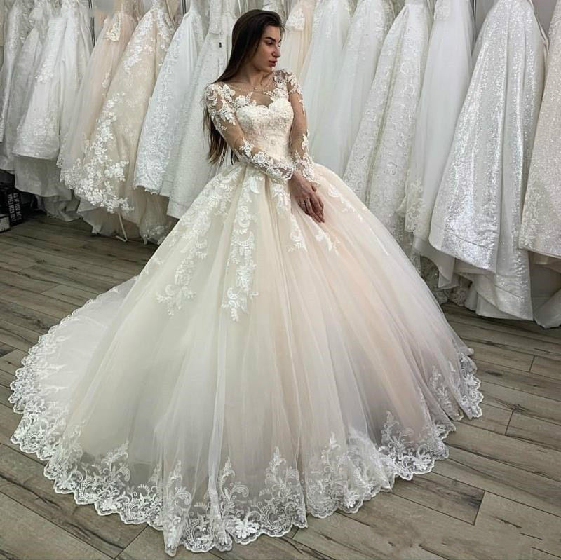

2021 New Tulle Sleeves Dress Lace Buttons Up Custom-made More Size Wedding Gowns HNC7, White