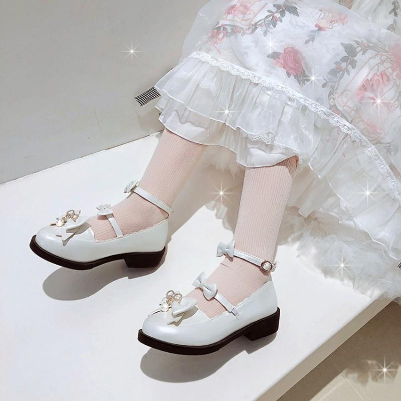 

Women Med Heels Lolita Shoes Pearl Lace Edge Straps Bow Cute Girls Princess Sweet Party Shoes Students Lovely Size 33-431, White