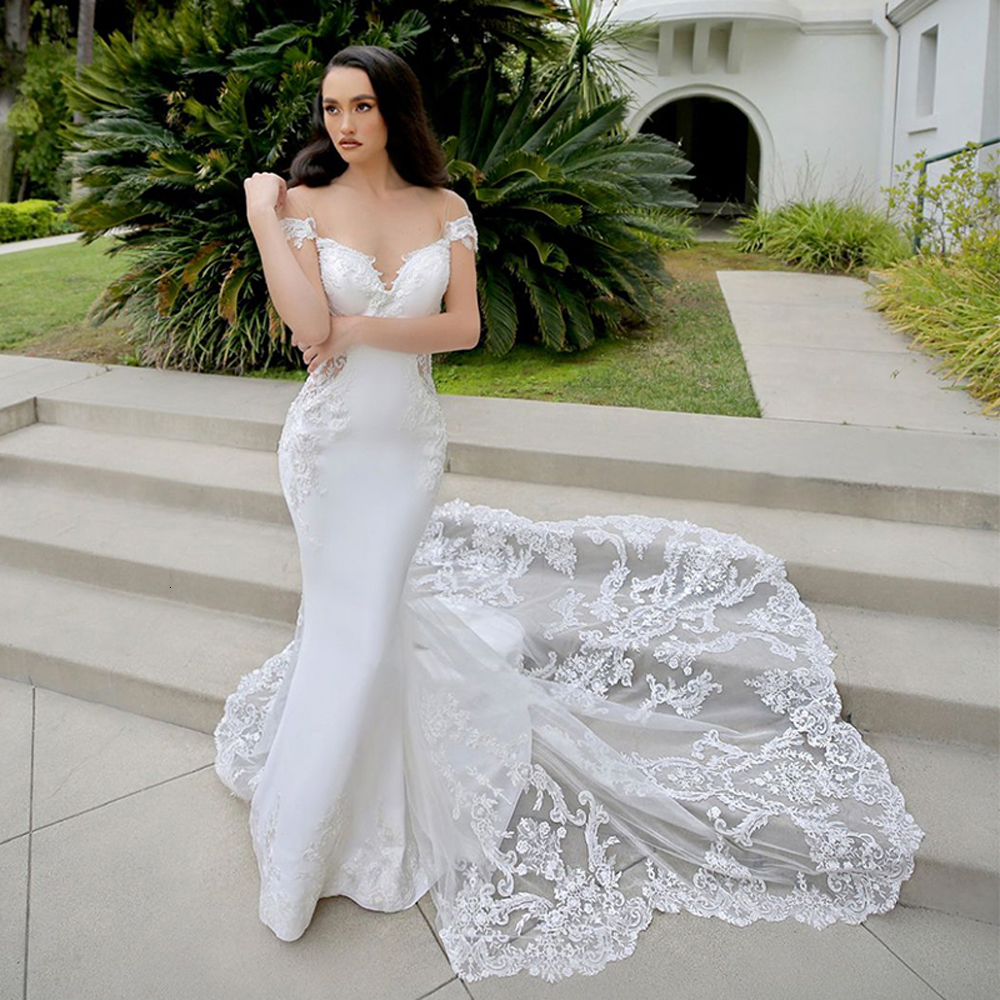 

2021 New Exquisite Baby Sheer Neck Off the Shoulder Zipper Up Comes Sweeping Train Crepe Bow Trumpet Wedding Dress XUIU, White