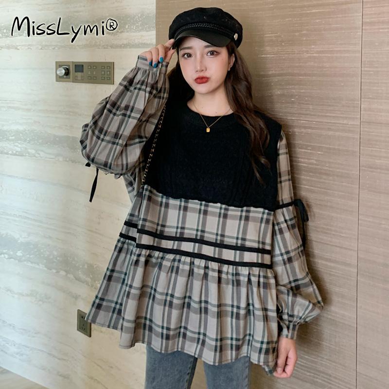

L-4XL Plus Size Women Cute Plaid Blouse Autumn 2020 Fashion Knitted Sweater Patchwork Bow Long Sleeve Loose Casual Ruffle Tops, The picture color