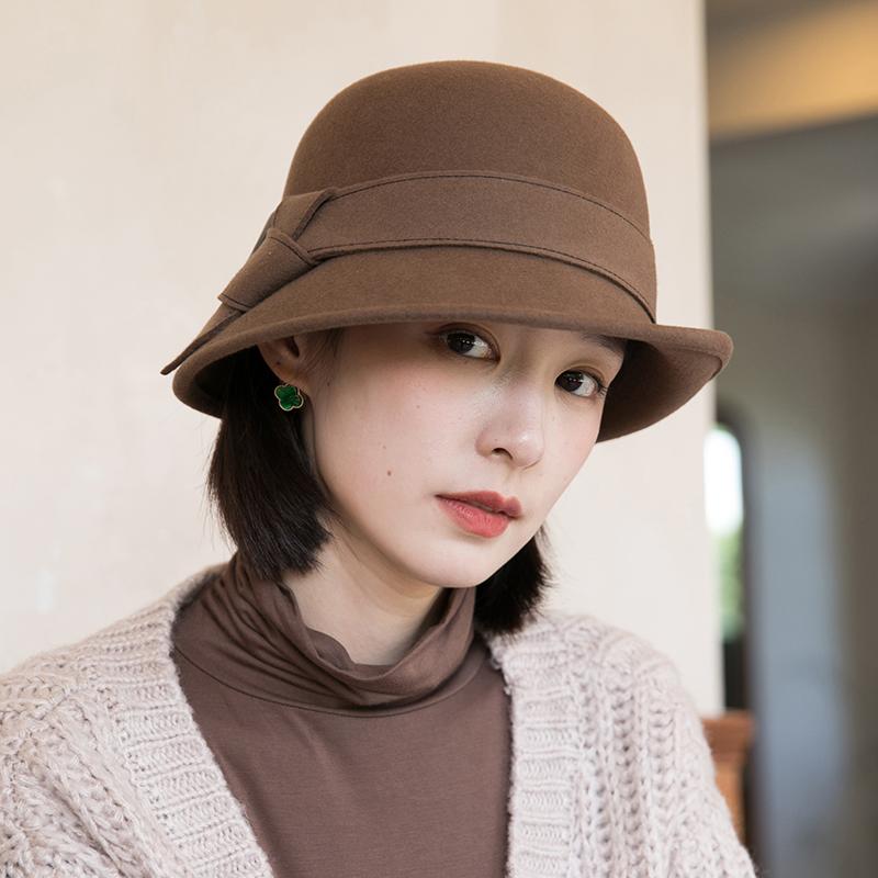 

Mother Gift Lady Winter Asymmetric Cloche Hats Women Formal 100% Australia Wool Felt Fedora Hat 56-58cm, A4 deep camel