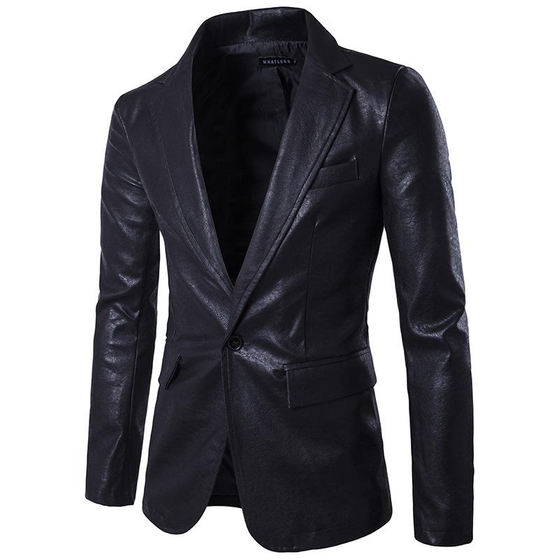 

2020 New Style Solid Color Shirt All-match PU Leather Top Men' Fashion Single Row One Button Suit 7-X307