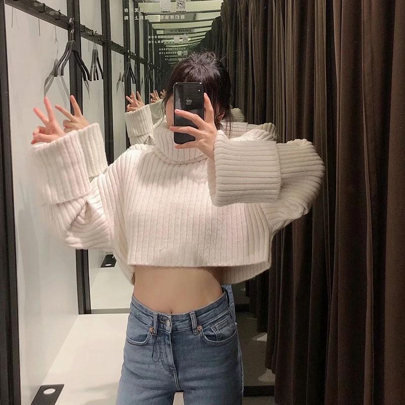 

Women' Fashion Ribbed Turtleneck Knitted Sweater Winter Long Sleeve Thicken Warm Loose Short Pullover Top, White