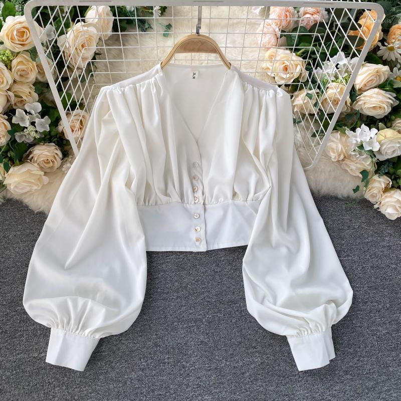 

Women's Blouses & Shirts SINGRAIN Women Elegant Solid Short Blouse Autumn V Neck Long Sleeve Retro Button Tops Chic Streetwear Korean Style, Black