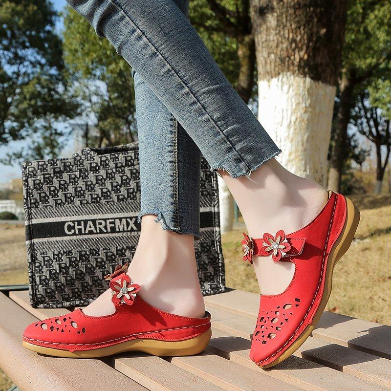 

Llogai Women's Sandals Summer Handmade Ladies Shoes Leather Floral Sandal Women Flats Retro Style Shoe Woman Soft Bottom Slipper, Red