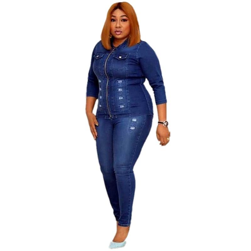 

2 Piece African Set For Women 2020 Winter Handmade Denim Jeans Pattern 3/4 Sleeve Pullover Tops Trousers 2PCS Clothing Sets