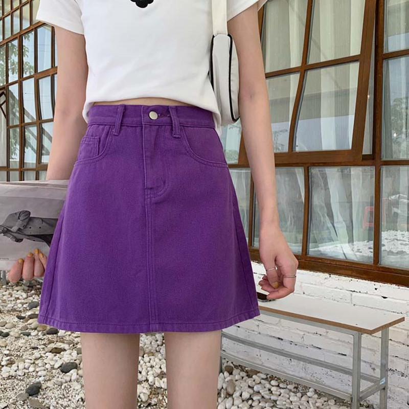 

2021 New 2 colors summer waist denim skirt Korean style purple line female short jeans women' skirts (f7482) 41JQ, Beige