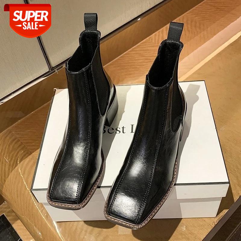 

European Style Genuine Leather Leisure Fashion Women Shoes Round Toe Winter Ankle Boots Square Heel Square Toe Zapatos De Mujer #8p9k, Black