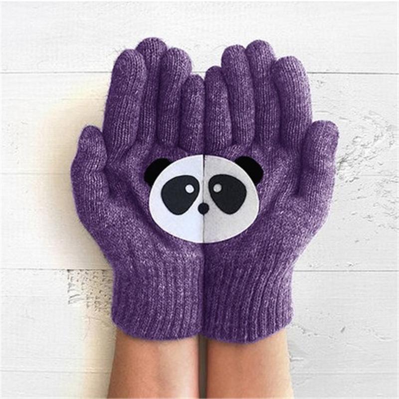 

Five Fingers Gloves 1 Pair Ladies Mittens Woolen Autumn And Winter Outdoor Warm Panda Printing Knitted Full Finger