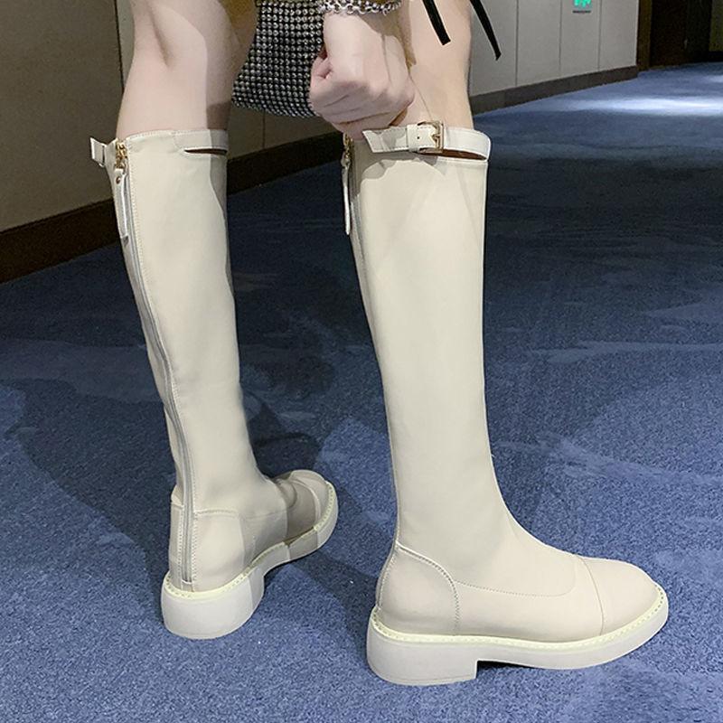 

2021 New Knee-high Boots Fashion Square Toe Women Winter Boots Zipper Long Women Shoes PU Leather Autumn Shoes Lady, Beige