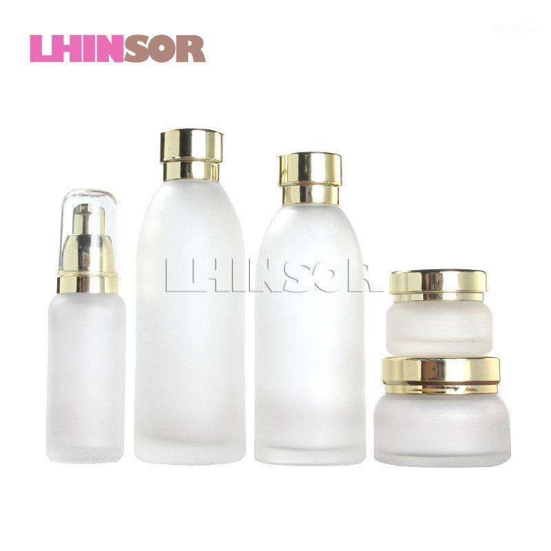 

5pcs/lot High-grade Frosted Transparent Glass Press Pump Lotion Bottle Toner Bottles Cream Jars Cosmetic Packaging Containers1