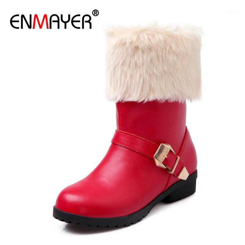 

ENMAYER Slip-On Platform Boots Flat with Winter Rubber Mid-Calf Snow Boots Round Toe Med Solid Short Plush Shoes Woman PU Red1, Beige
