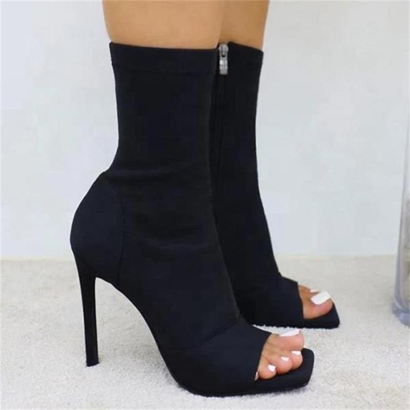 

Plus Size Summer Women Sandals New Fish Mouth Zipper Thin High Heel Boots Spring Ladies Fashion Solid Color Sandals, Black