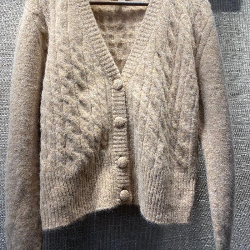 

Waist Short Cable-knit Alpaca Front Button Knit Flower Crochet Cardigan Sweater1, Camel