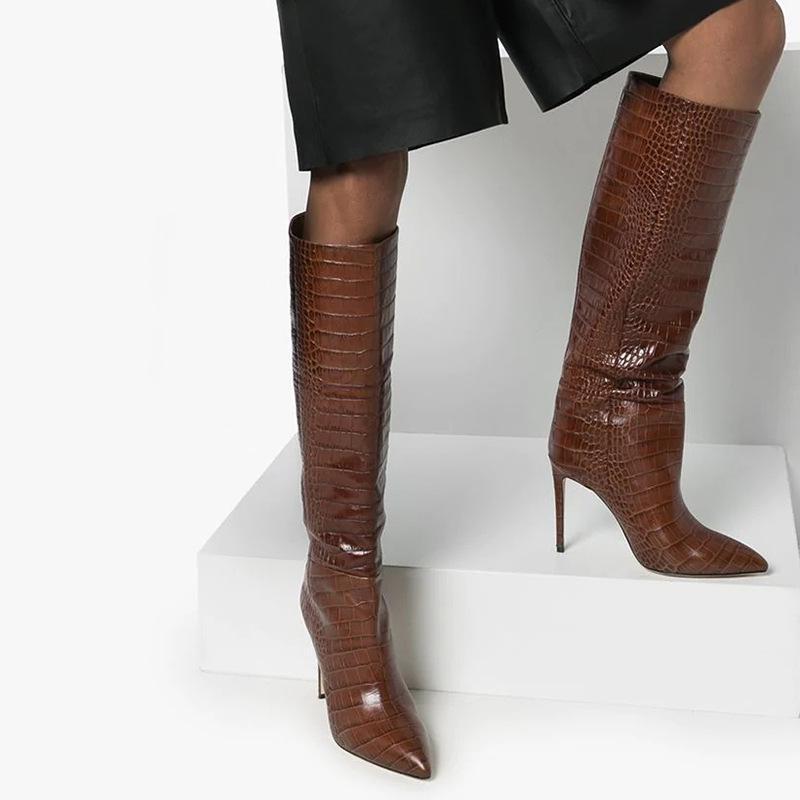 

Autumn And Winter New Fashion Boots Women Crocodile Like Pointed Toe Thin Heels High Heel Knee Boots Pink Shoes Woman Long Boot
