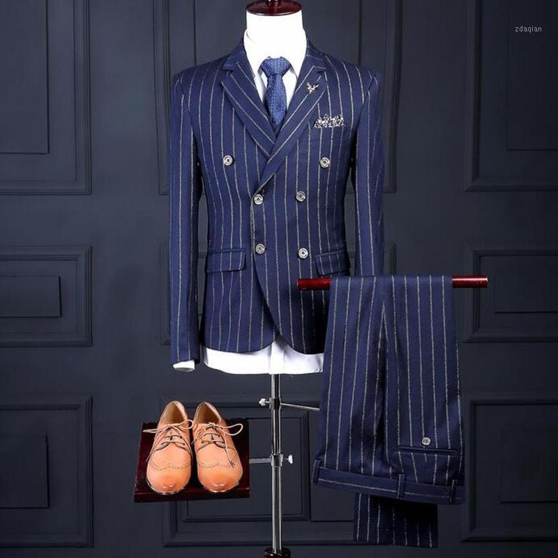

New Male Three Pieces Suit Korean Striped Plus Size Set Business Professional Formal Wear Wedding Fashion Double Breasted Suit1, Blue