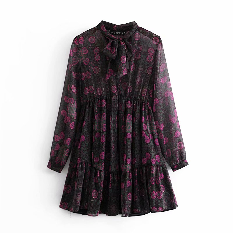 

2021 New Vintage Women Elegant Geometric Print Fashion Ladies Bow Collar Transparent Chiffon Sweet Female Chic Vestidos 30wg, Pink