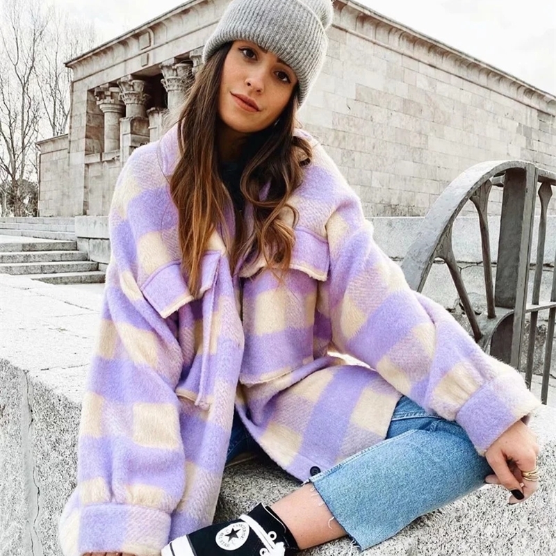 

Fashion Women Overshirts Oversized Checked Woolen Jacket Coat Ladies Vintage Pocket Asymmetric Female Chic Tops Outerwear 201106, Purple