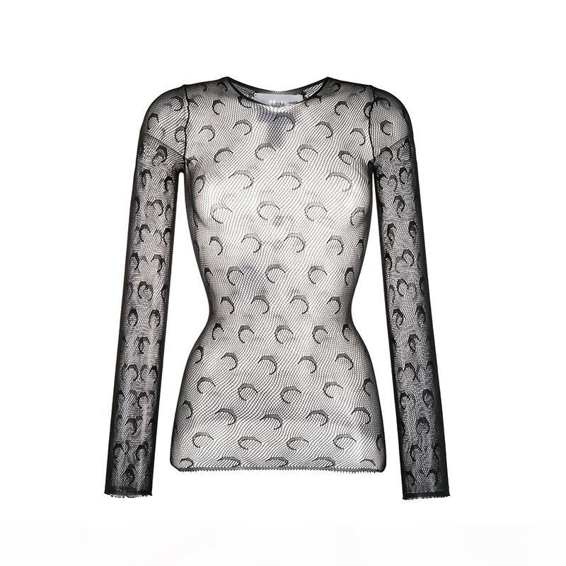 

Marine Serre T Shirt Womens Moon Pattern See Through Long Sleeve Tops Elastic Slim T Shirt Basic Fashion Tee in Black White