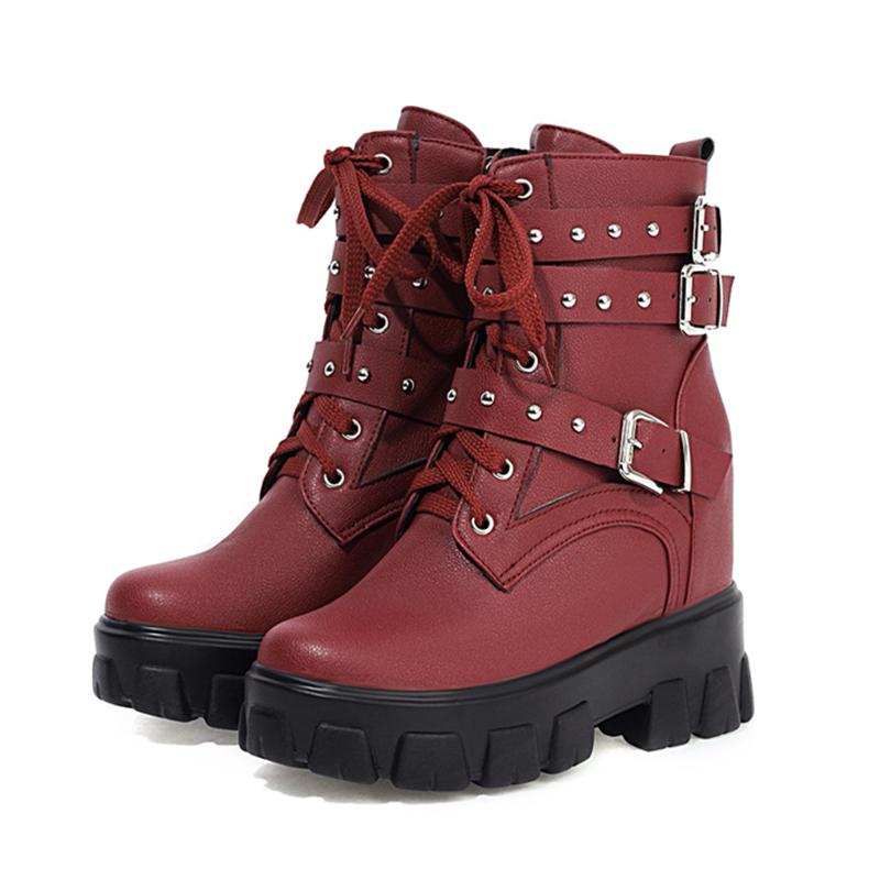

Lucyever Chunky Platform Ankle Boots for Women Autumn 2021 Fashion Rivet Zipper PU Leather Motorcycle Boots Female Hidden Heels, Brown